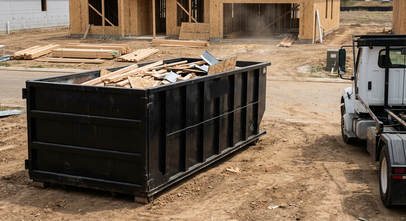 Matte-black 20-yard roll-off construction dumpster with heavy ribbed steel sidewalls and swing rear doors at a working jobsite in Wichita, sitting directly on compacted dirt with an unmarked white hauler partially visible at the far edge of the frame.