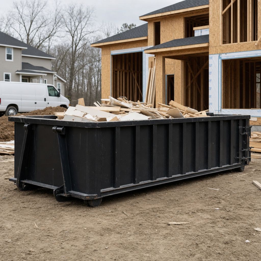 Worker in a yellow high-visibility vest tossing framing lumber and broken drywall into a matte-black 30-yard construction roll-off dumpster on an active build site in Wichita, bright daylight