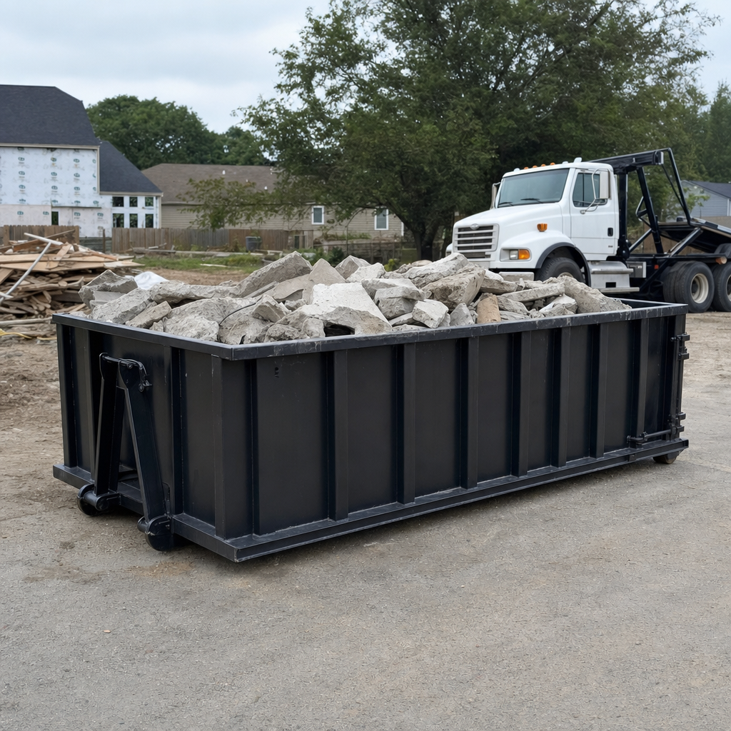 Low-profile matte-black lowboy roll-off dumpster loaded with broken concrete slab and rebar at a foundation tear-out in Wichita, skid steer parked beside it, sunny Colorado morning