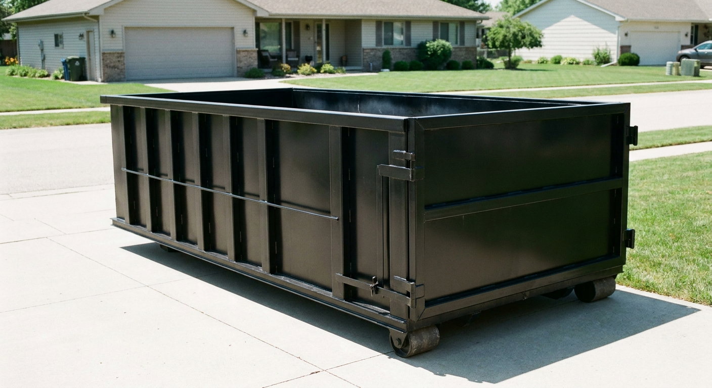 Matte-black 10-yard roll-off dumpster on a residential concrete driveway in Wichita, uniformly painted matte black across every panel and rail, ribbed steel sidewalls and rear swing door visible, mid-day daylight.