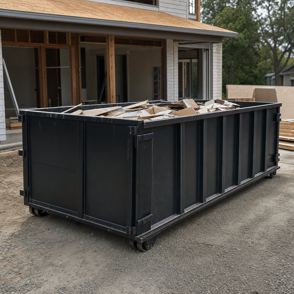 Large matte-black 30-yard construction roll-off dumpster at an active Wichita jobsite, steel-gray top rails and bottom rollers visible, loaded with construction debris.