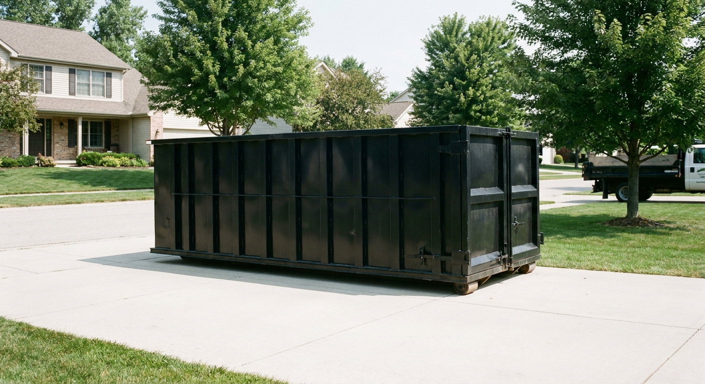 Matte-black 20-yard roll-off dumpster sitting level on a clean Wichita residential concrete driveway under bright daylight, demonstrating clean placement directly on the concrete.