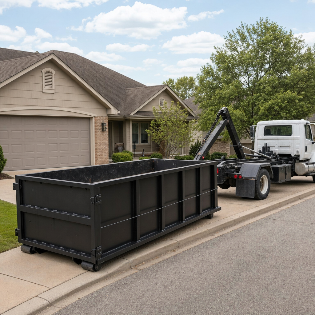 Wide documentary shot of a matte-black roll-off dumpster on a Wichita residential driveway in the foreground and a contractor jobsite container in the soft-focus background, bright daylight, calm and orderly composition.