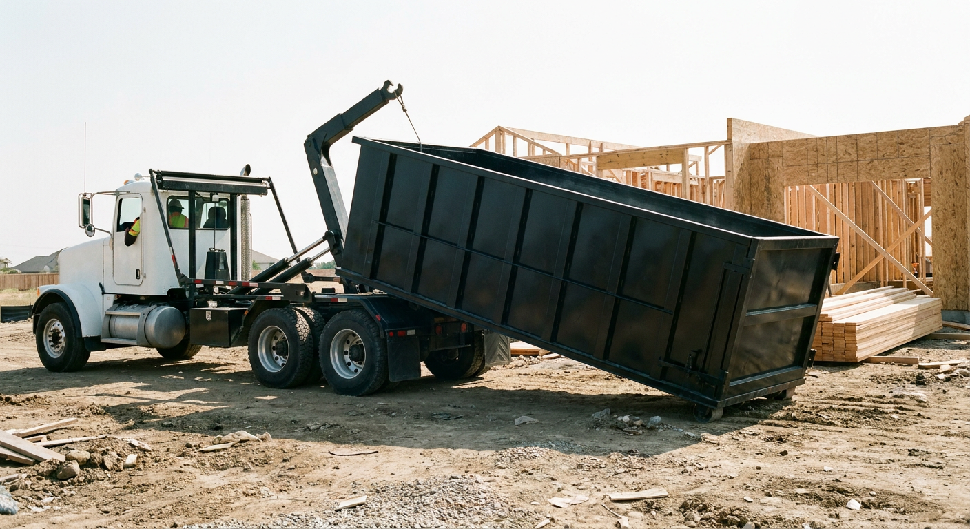 Matte-black roll-off dumpster being delivered onto a clean residential concrete driveway in Wichita by an unmarked white hooklift hauler truck, bright morning daylight, documentary 35mm perspective.