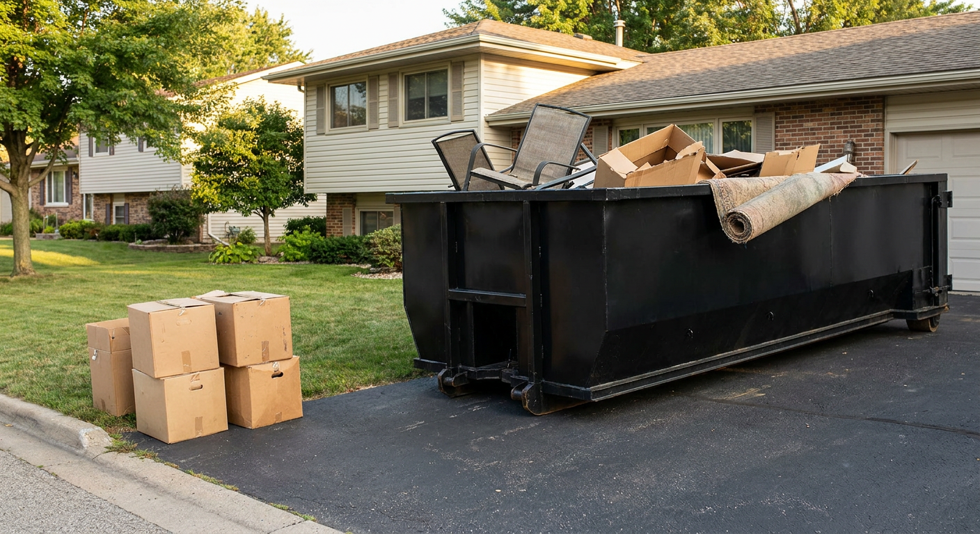 Front-yard view of a Wichita split-level home with a 20-yard matte-black roll-off dumpster sitting directly on the asphalt driveway, a few clearly labeled donation boxes staged at the curb, calm sunny afternoon.