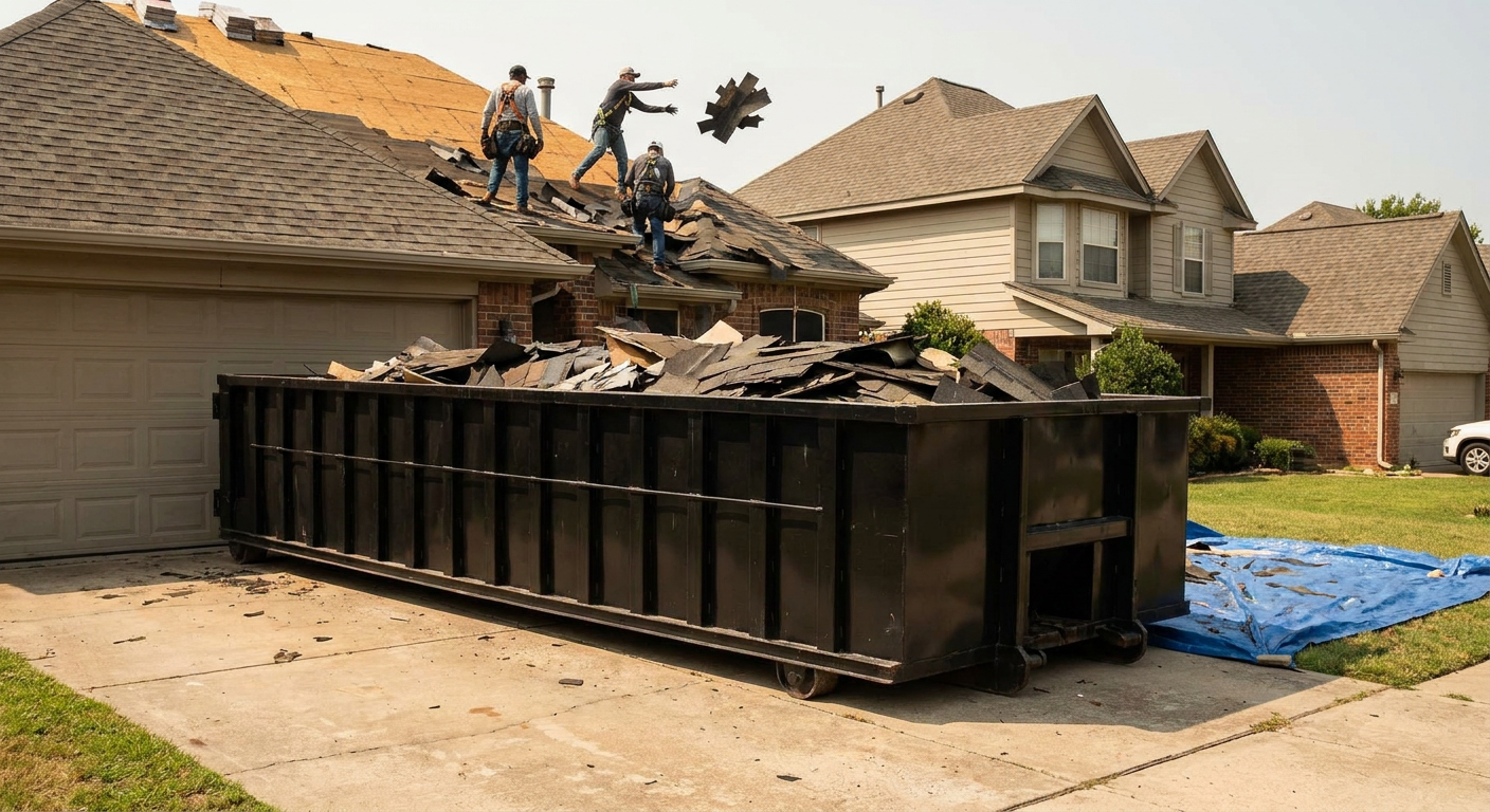 Matte-black roofing roll-off dumpster placed directly on a Wichita residential concrete driveway, a tear-off crew on a two-story asphalt-shingle roof tossing shingle bundles into the low-walled container, bright daylight, documentary 35mm perspective.