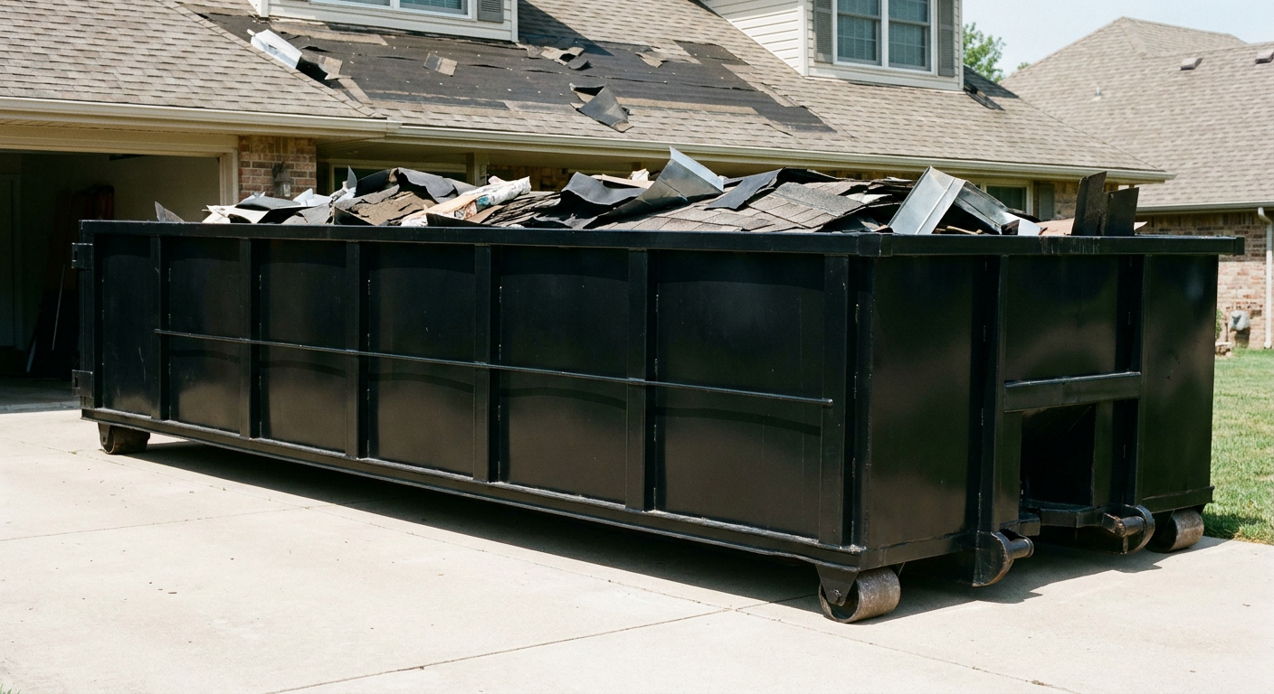 Matte-black 20-yard roofing roll-off dumpster with steel ribbed sides and swinging rear door, sitting directly on the concrete driveway of a two-story Wichita home, asphalt shingle debris being loaded over the low wall, clean documentary lighting.
