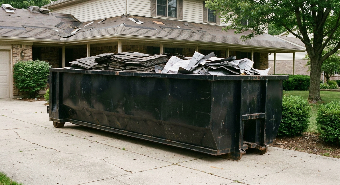 Matte-black 30-yard roofing roll-off dumpster sitting directly on a Wichita concrete driveway, taller ribbed steel side panels, mixed tear-off debris of asphalt shingles and underlayment inside, professional documentary daylight.