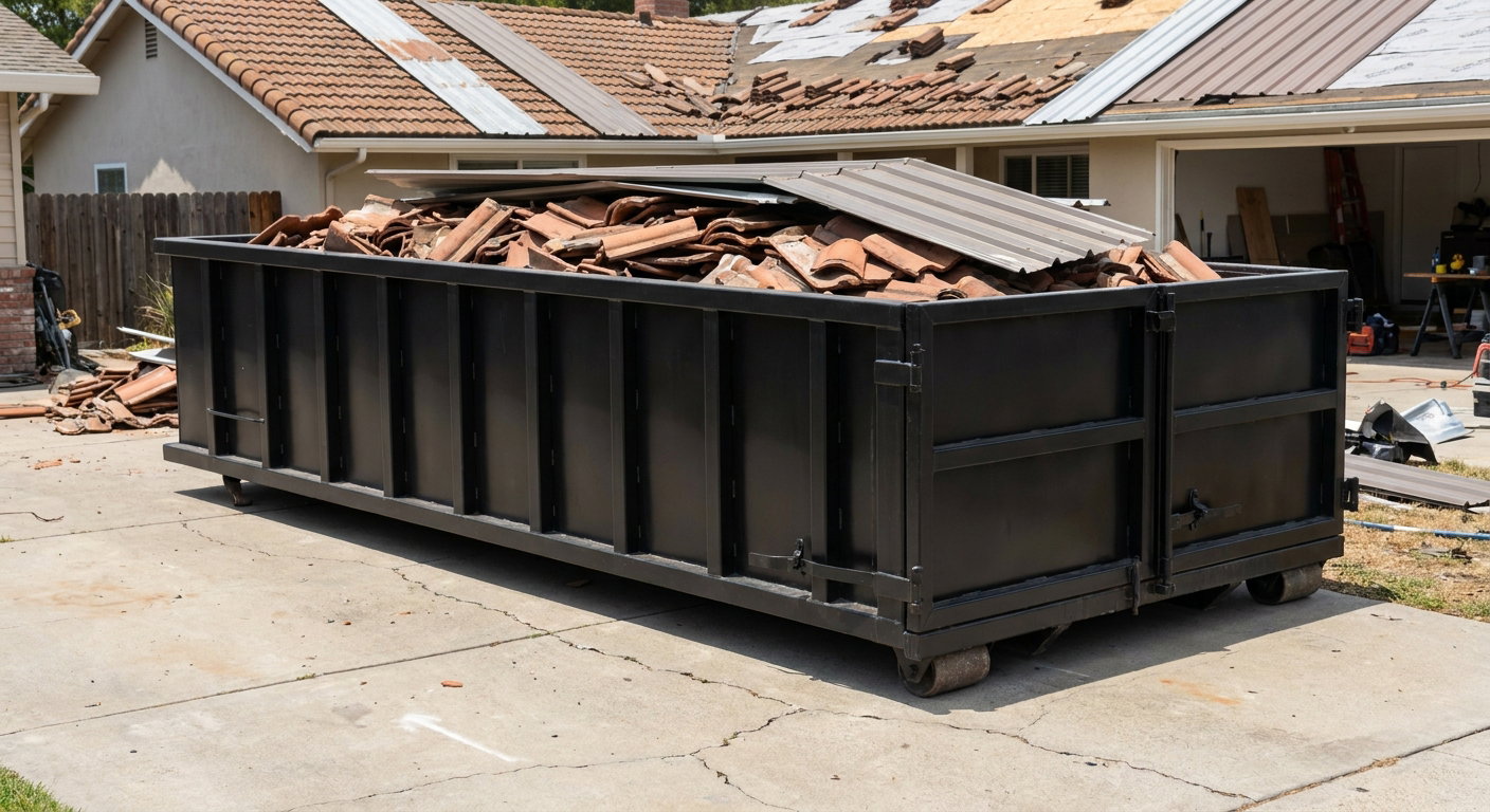 Matte-black low-wall heavy-debris roofing roll-off dumpster sitting directly on a Wichita concrete driveway, broken concrete clay roof tiles and metal panel sections loaded inside, reinforced ribbed steel side walls visible, bright outdoor daylight.