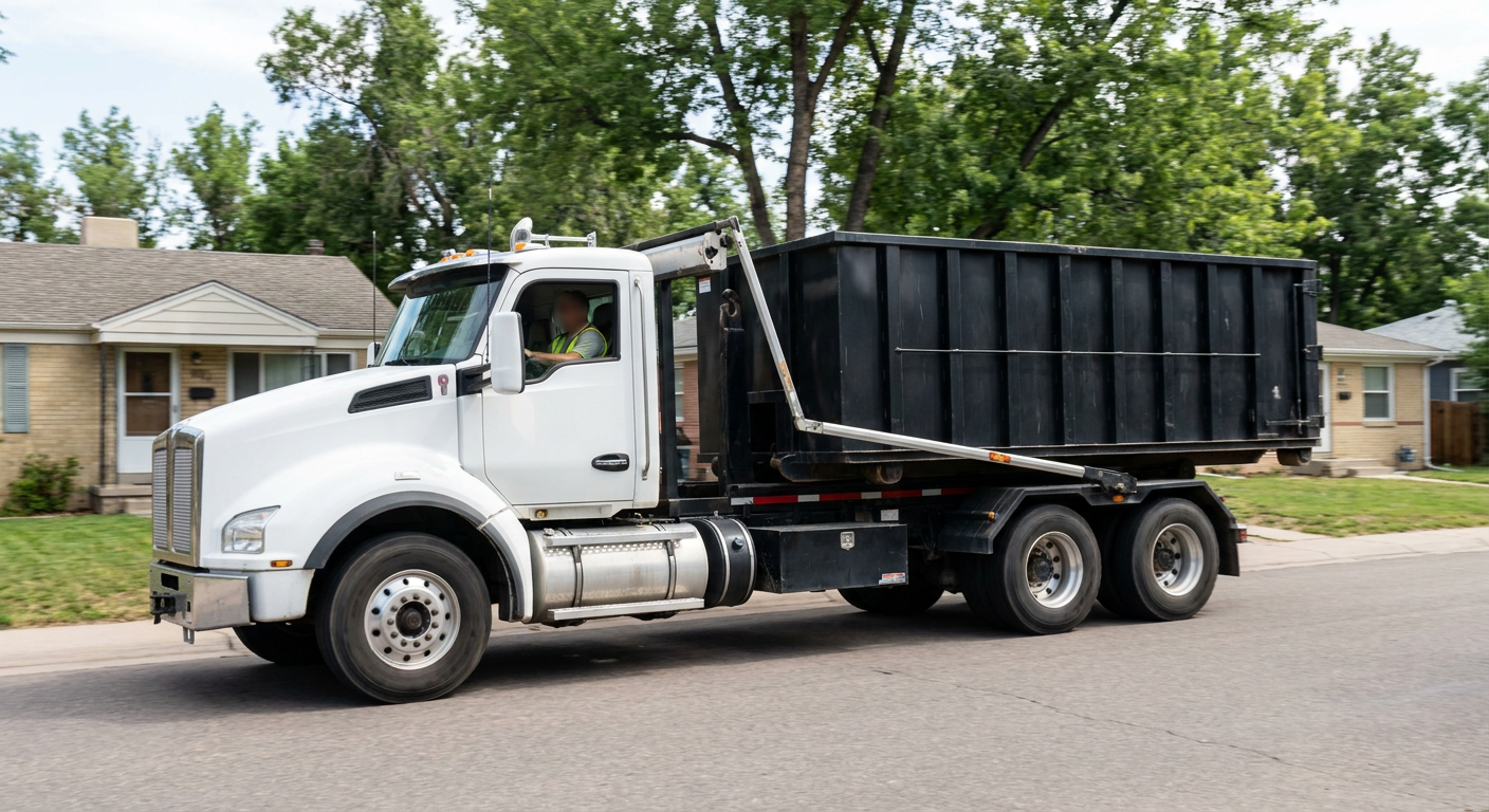 A wide documentary shot of a matte-black roll-off delivery truck pulling onto a quiet Wichita residential street at mid-morning, with neighborhood rooftops and tree-lined blocks visible behind, showing the metro coverage footprint.