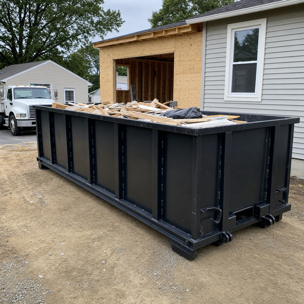 A matte-black 30-yard roll-off dumpster positioned at a Wichita residential addition jobsite, with framing lumber and drywall scraps loaded through the open swinging rear doors.