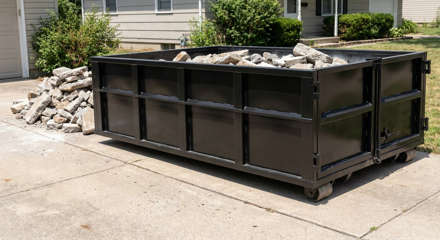 A matte-black low-side heavy-debris roll-off dumpster placed directly on a Wichita concrete driveway, with broken concrete chunks neatly stacked beside it under clean daylight.